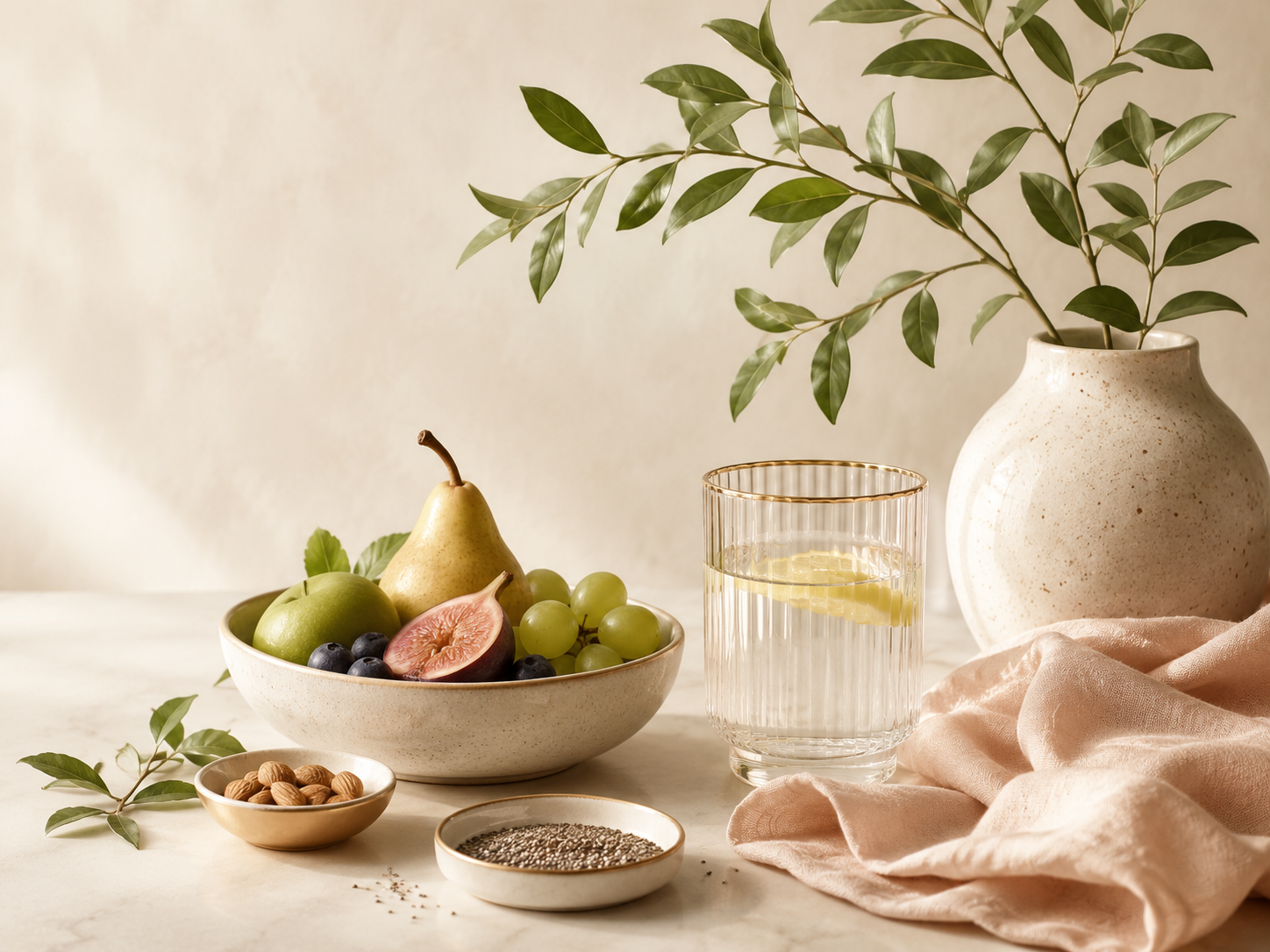 Editorial wellness still life — ceramic bowl of fresh fruit, fig, almonds, chia, glass of lemon water and botanical branches on a soft ivory tablescape